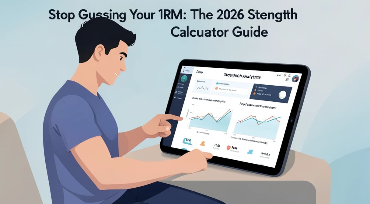 A modern athlete reviews a detailed strength analytics dashboard on a tablet, showing graphs of estimated 1RM, fatigue, and performance readiness.