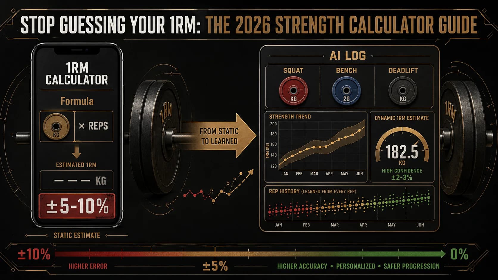 Une comparaison côte à côte montrant un simple calculateur de 1RM en ligne sur un téléphone par rapport à un tableau de bord complexe de journal d'entraînement IA.