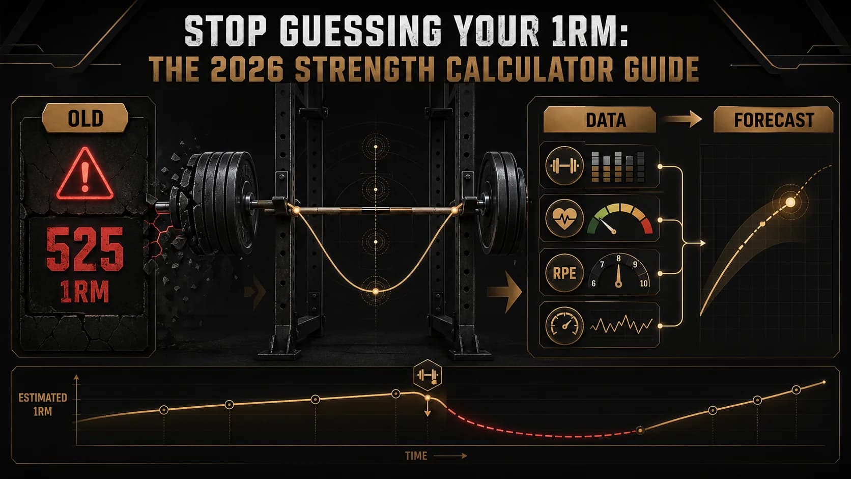 Un athlète grimaçant sous une barre clairement trop lourde, avec une bulle de pensée montrant un calculateur en ligne générique avec un mauvais chiffre.