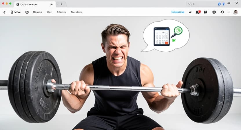 An athlete grimacing under a barbell that is clearly too heavy, with a thought bubble showing a generic online calculator with a wrong number.