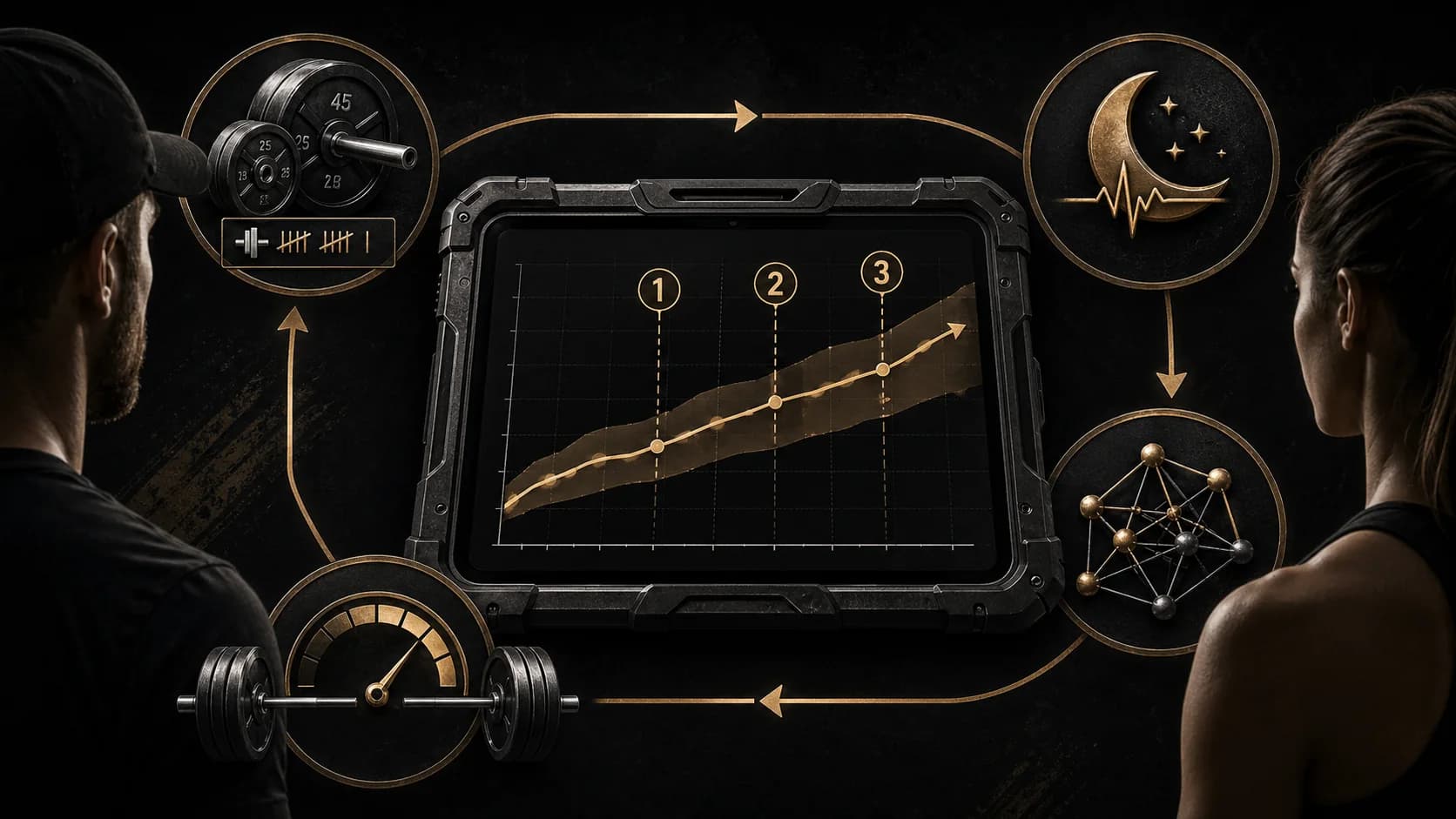 Un entraîneur et un athlète regardent une tablette qui affiche un graphique de prédiction de 1RM personnalisé sur un cycle d'entraînement de 12 semaines.