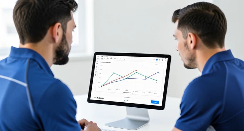 A coach and athlete looking at a tablet that displays a personalized 1RM prediction graph over a 12-week training cycle.