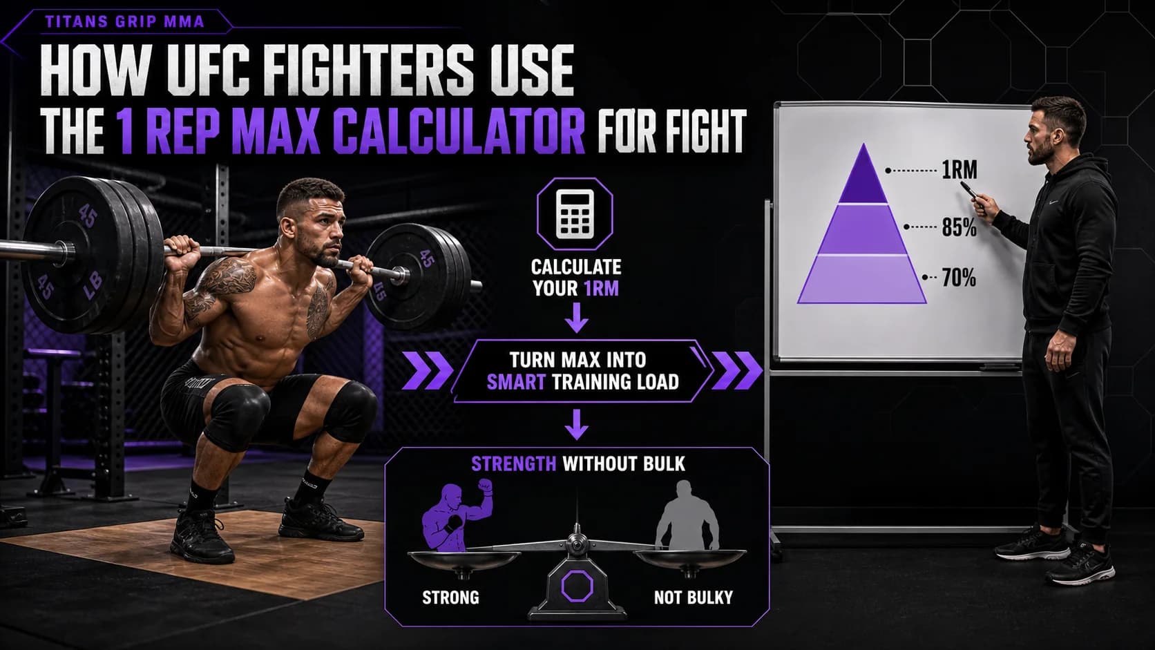 Fighter on a weightlifting platform performing a squat, with a coach showing a whiteboard with 1RM percentages
