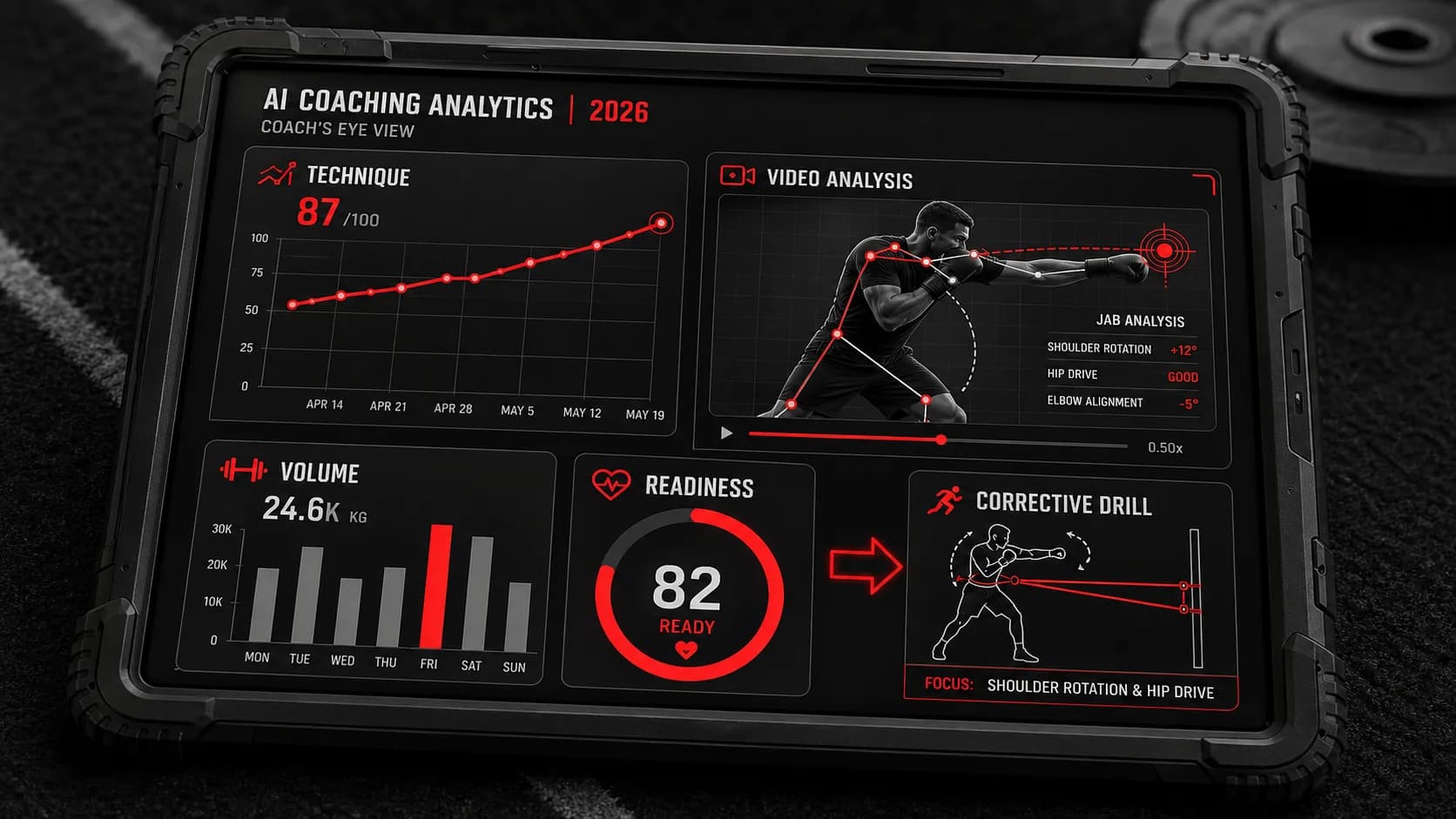 Widok trenera na tablecie pokazujący pulpit analizy postępów sportowca z wykresami śledzącymi wyniki techniczne, objętość i gotowość w czasie.