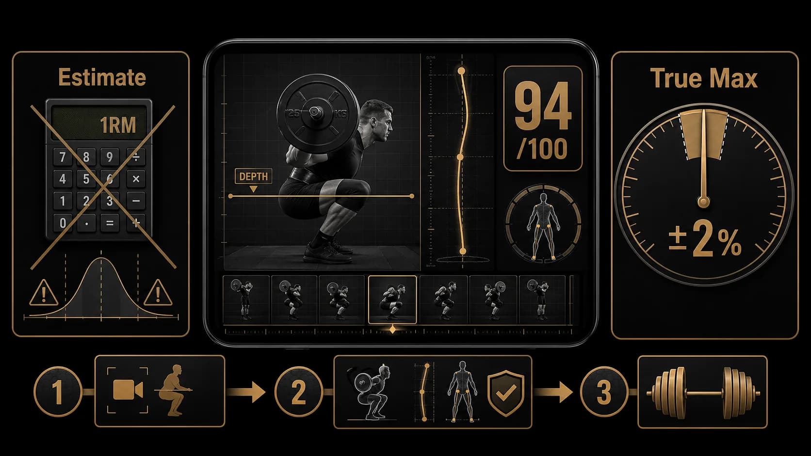 لقطة شاشة من تطبيق Titans Grip Powerlifting AI تظهر تحليل قرفصاء مع تفصيل إطار بإطار، قياس العمق، تتبع مسار الحديد، ودرجة 94/100