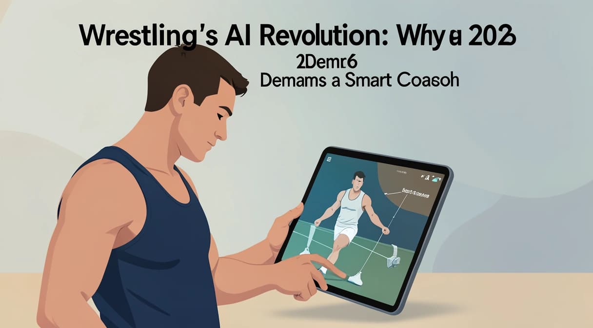 A wrestler reviews a tablet showing an AI-generated overlay analyzing their shot angle and penetration step.