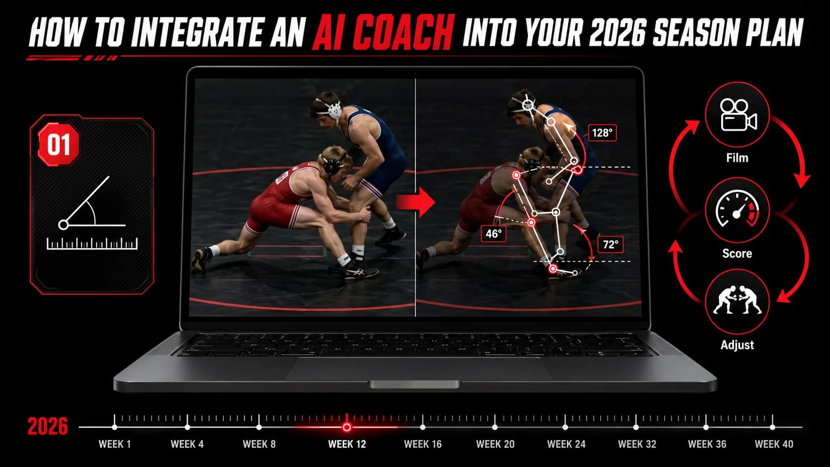 Un écran d'ordinateur portable montre une vue côte à côte : à gauche, une attaque réelle d'un lutteur, à droite, une superposition squelettique générée par IA avec des mesures d'angles.