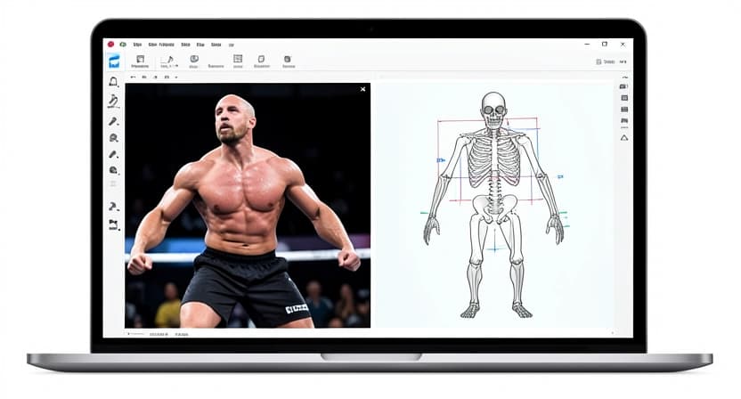 A laptop screen shows a side-by-side view: left, a wrestler's actual shot, right, an AI-generated skeleton overlay with angle measurements.