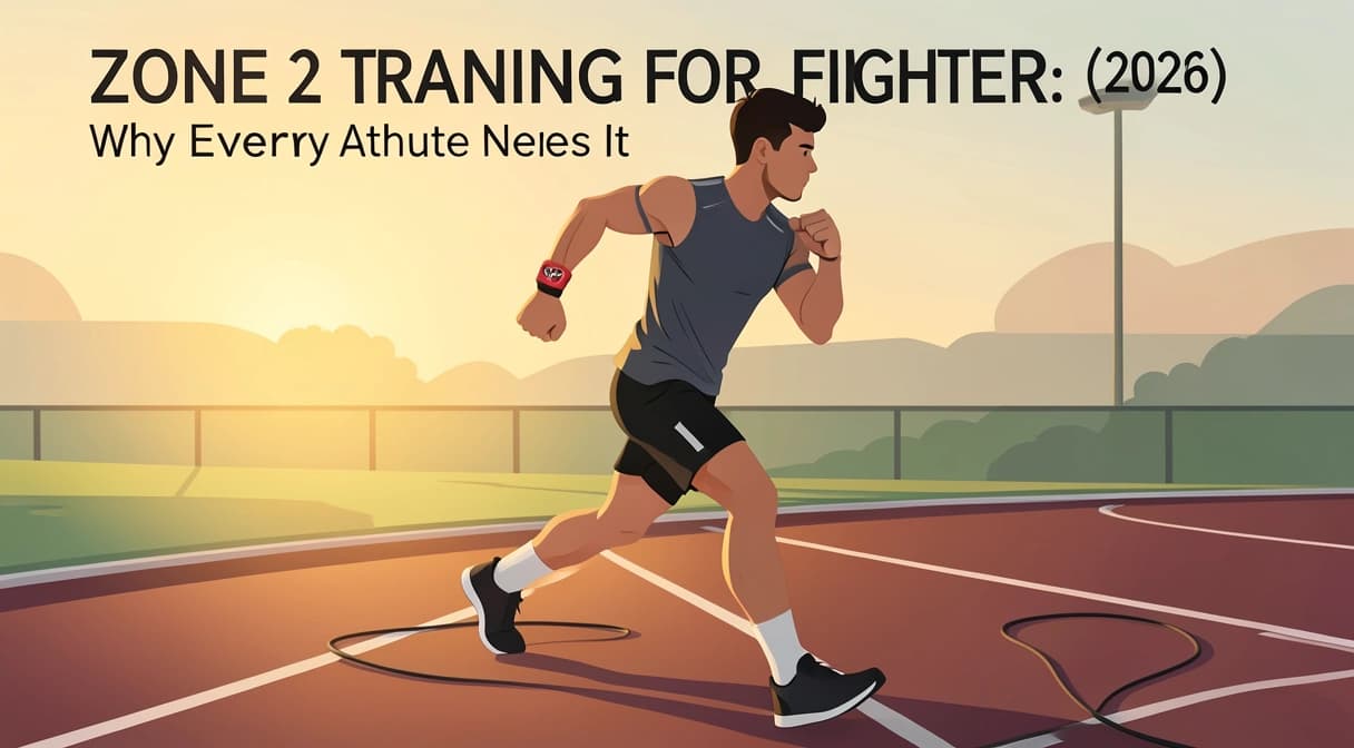 A fighter running on a track with a heart rate monitor visible, golden hour lighting