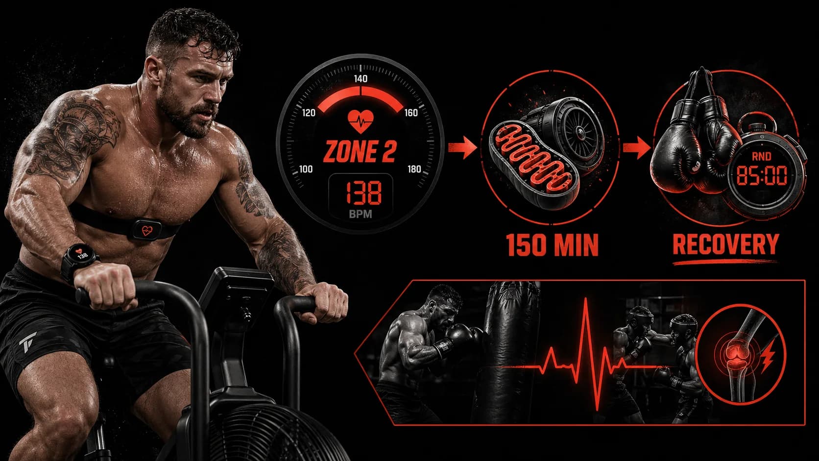 رباع على دراجة ثابتة مع جهاز مراقبة معدل ضربات القلب، عرق ظاهر