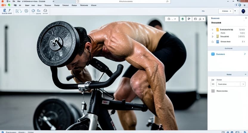 A powerlifter on a stationary bike with a heart rate monitor, sweat visible