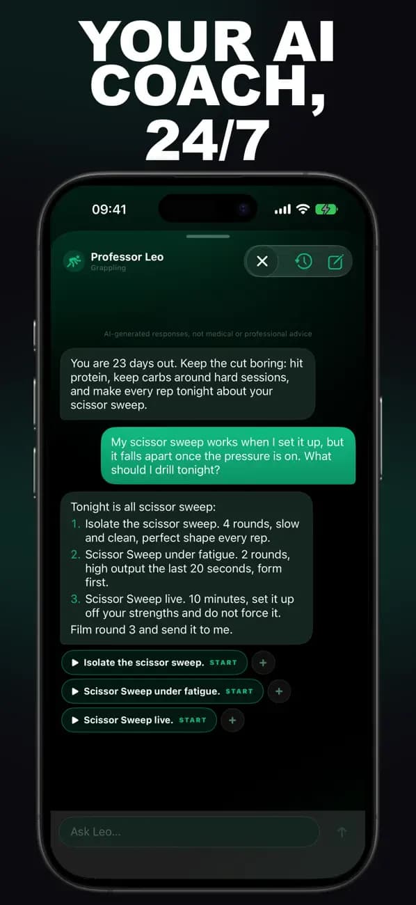 Grappling AI chat with Professor Leo about your scissor sweep.