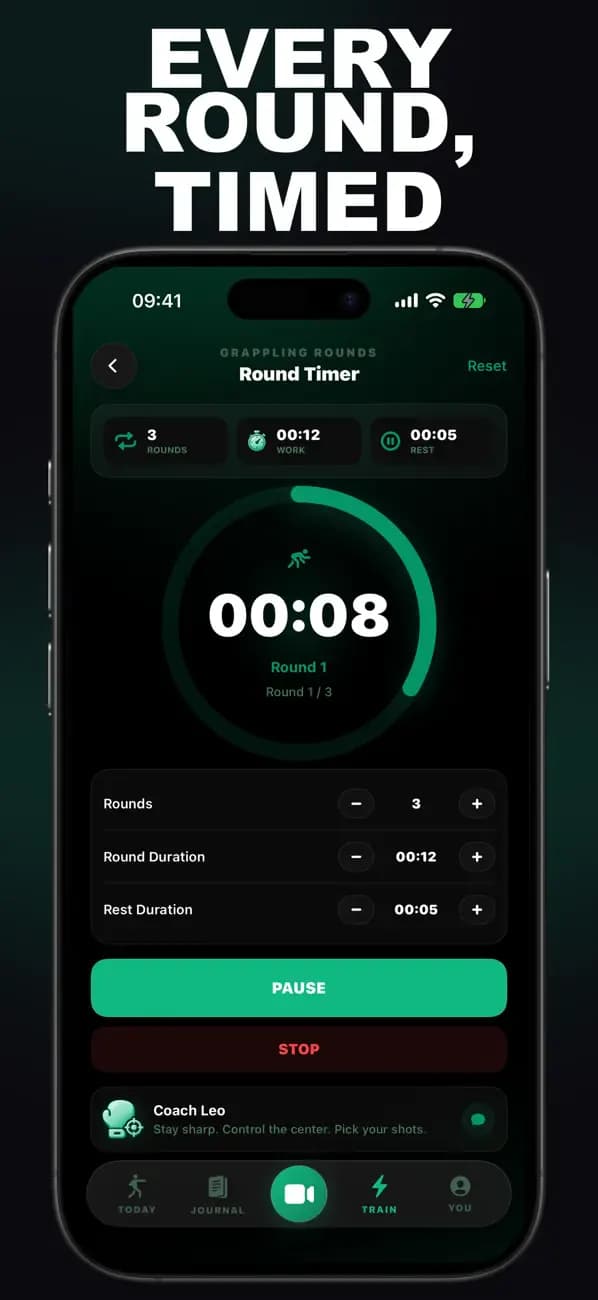 Grappling AI Round Timer showing an active timed grappling round.