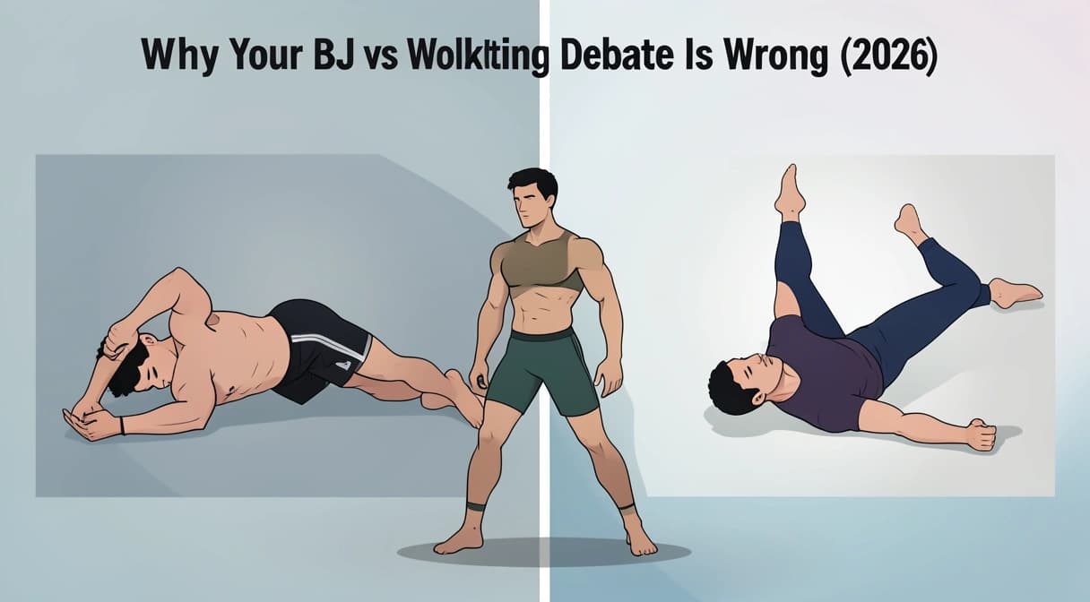 A split-screen image showing a BJJ athlete executing an armbar on the left, and a wrestler hitting a double-leg takedown on the right, with a blurred, hybrid figure in the center.