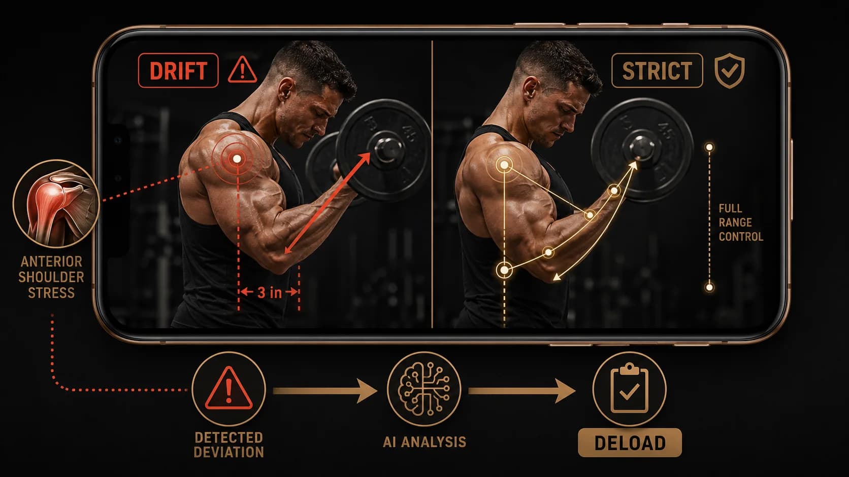 AI bodybuilding coach overlay showing joint angles, rep tempo, range of motion and bar path during an incline press