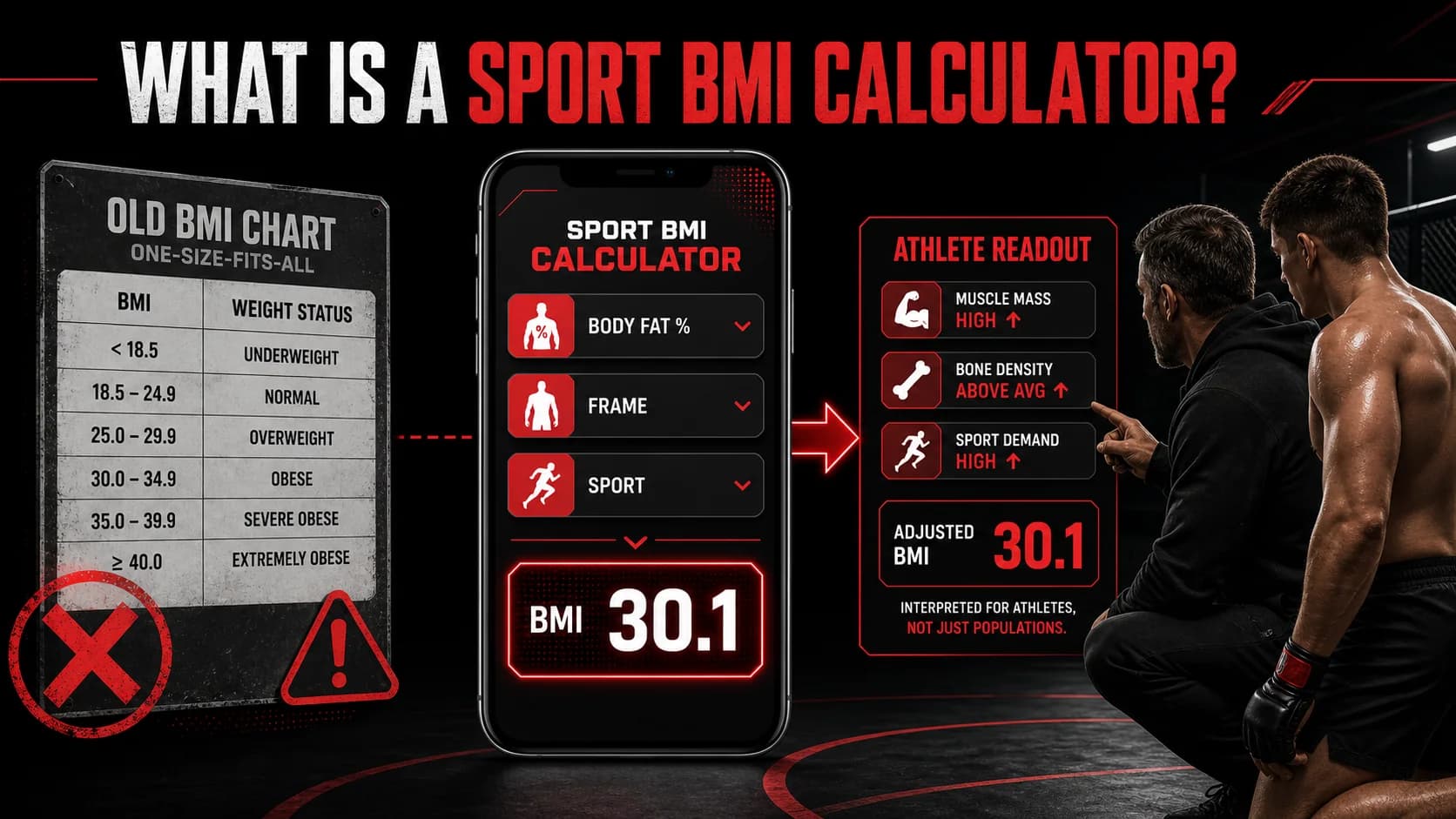A smartphone screen shows the Titans Grip app’s sport BMI calculator interface, with inputs for body fat percentage, frame size, and sport discipline, while a coach discusses the results with a fighter.