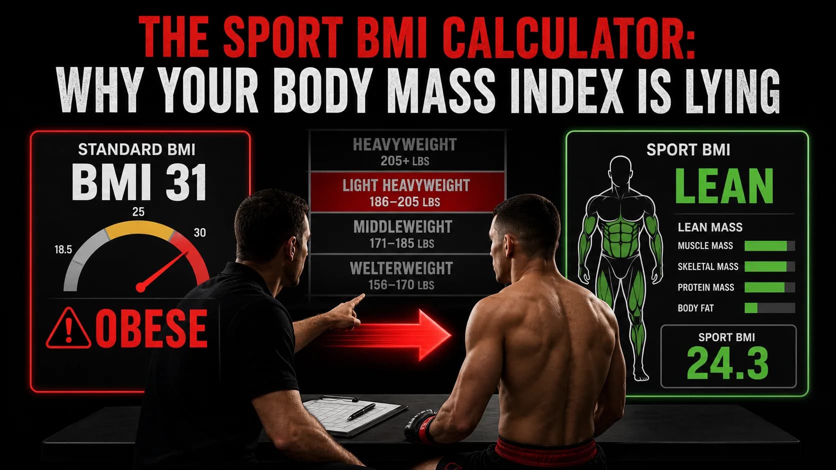 A coach points to a weight class chart next to a stat sheet showing a fighter's standard BMI as "obese" but sport BMI as "lean," while the fighter looks at the numbers during pre-fight medicals.