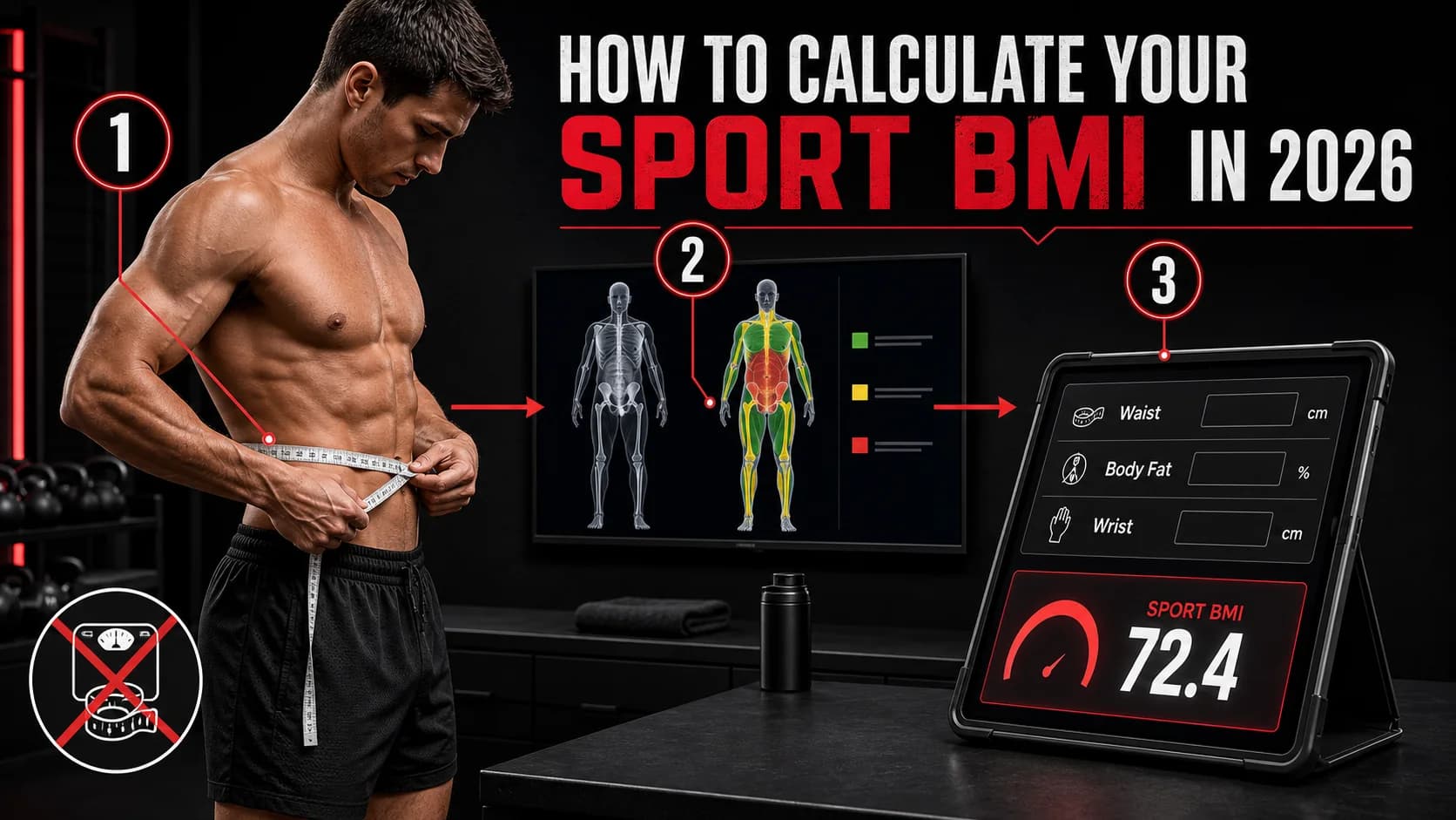 An athlete takes a waist measurement with a tape while a tablet displays the sport BMI calculator with fields for waist circumference, body fat percentage, and wrist size, plus a DEXA scan image overlay.