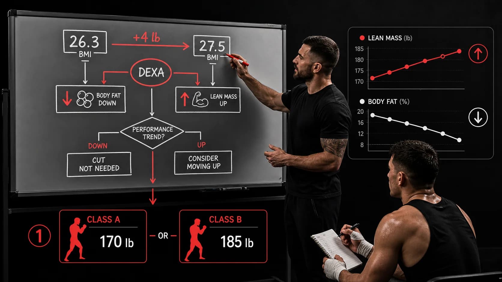 A fight camp coach draws on a whiteboard, connecting sport BMI numbers to weight class options while a fighter takes notes, with the team's performance data plotted.