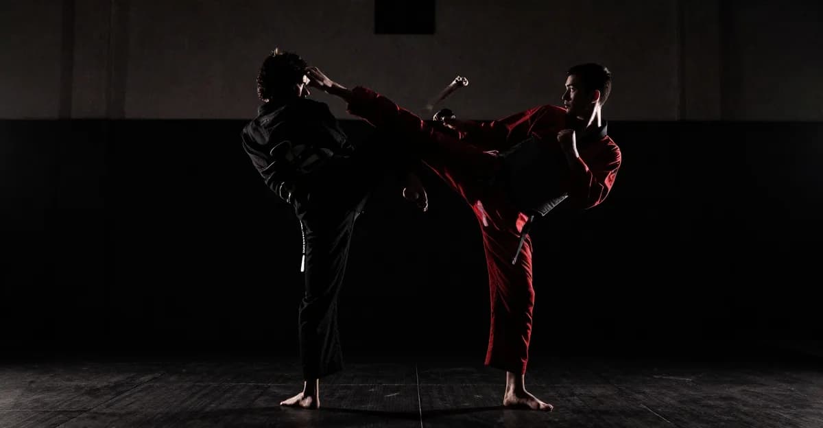 Athlète de taekwondo en silhouette exécutant un coup de pied circulaire, style cinématographique sombre